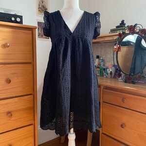Black Eyelet Mini Babydoll Dress with Ruffled Sleeves